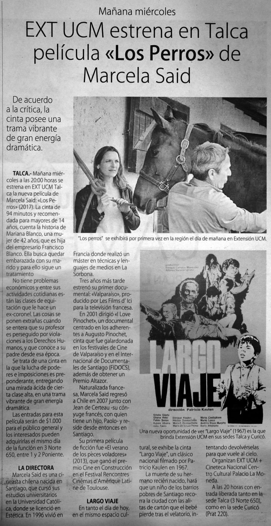 10 de abril en Diario El Centro: “EXT UCM estrena en Talca película “Los perros” de Marcela Said”