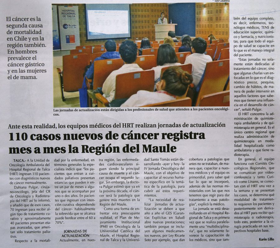 10 de abril en Diario El Centro: “110 cacsos nuevos de cáncer registra mes a mes la Región del Maule”