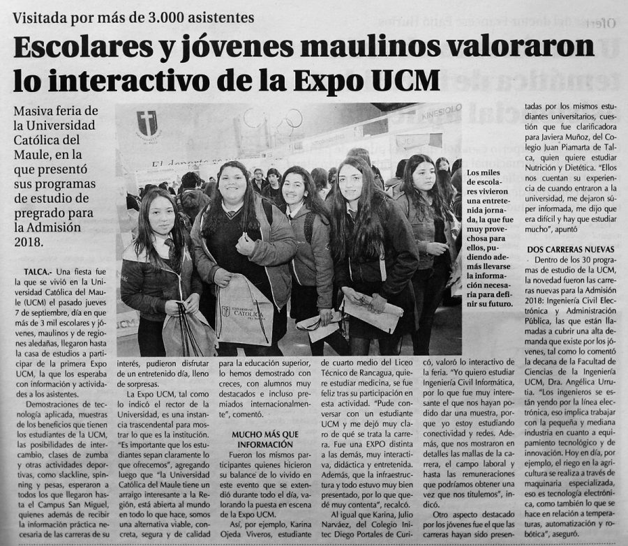 10 de septiembre en Diario El Centro: “Escolares y jóvenes maulinos valoraron lo interactivo de la Expo UCM”