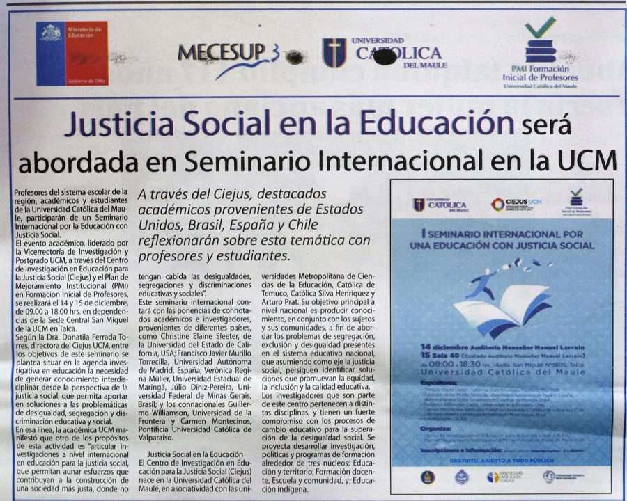 10 de diciembre en Diario El Centro: “Justicia Social en la Educación será abordada en Seminario Internacional en la UCM”