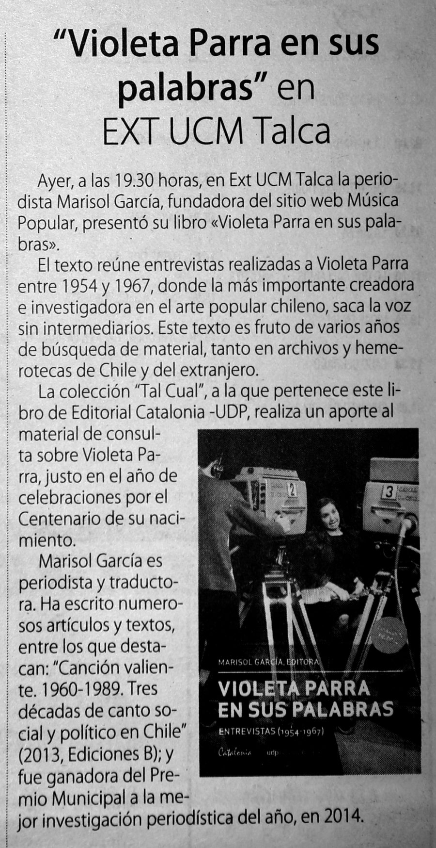 11 de mayo en Diario El Centro: “Violeta Parra en sus palabras” en EXT UCM Talca