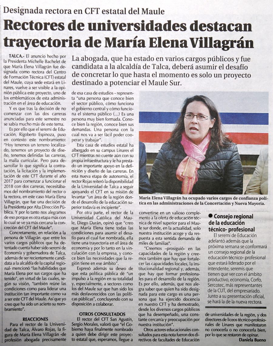 11 de mayo en Diario El Centro: “Rectores de universidades destacan trayectoria de María Elena Villagrán”