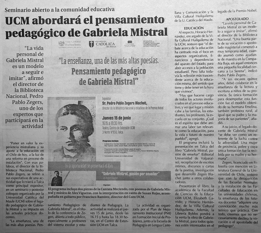 11 de junio en Diario El Centro: “UCM abordará el pensamiento pedagógico de Gabriela Mistral”