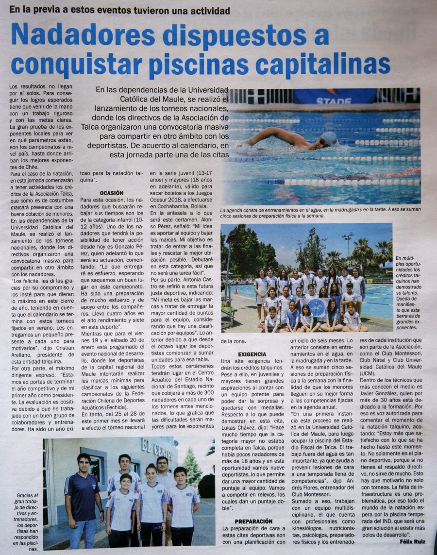 12 de enero en Diario El Centro: “Nadadores dispuestos a conquistar piscinas capitalinas”