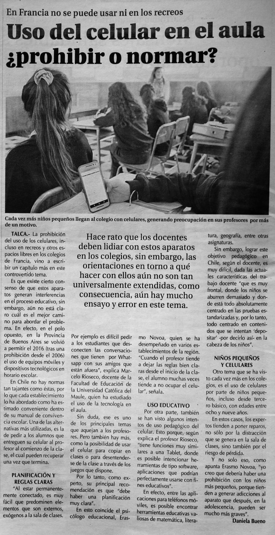 12 de enero en Diario El Centro: “Uso del celular en el aula ¿prohibir o normar”
