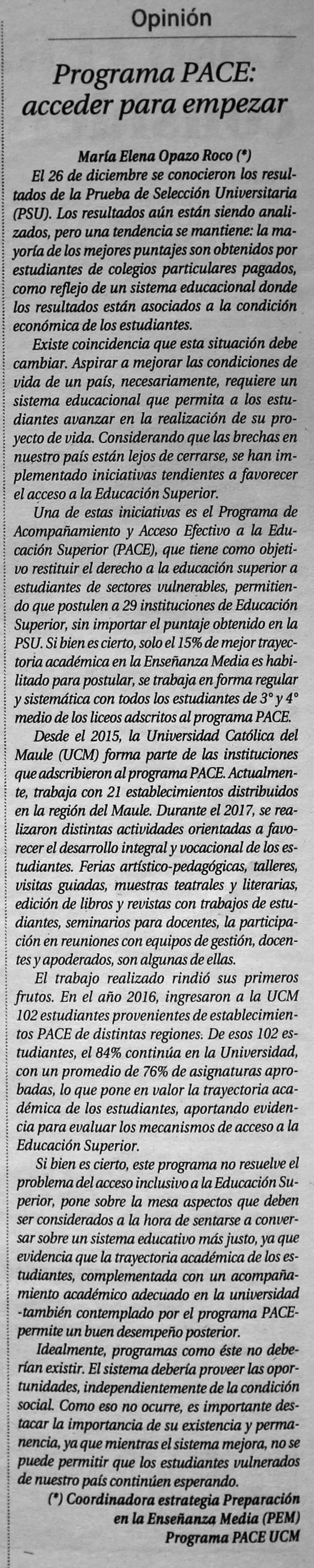 12 de enero en Diario El Centro: “Programa PACE: acceder para empezar”