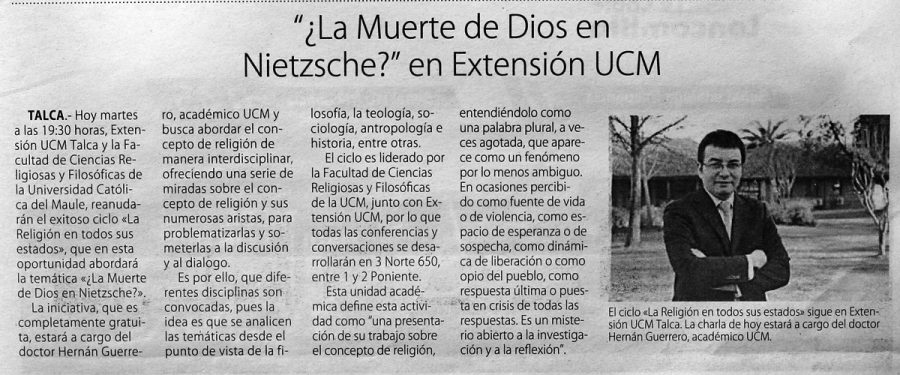 12 de septiembre en Diario El Centro: “¿La muerte de Dios en Nietzche?” en Extensión UCM”
