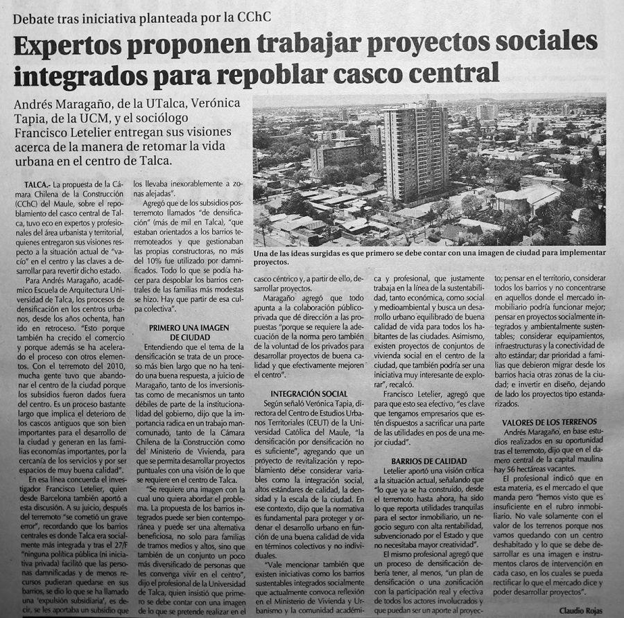 13 de julio en Diario El Centro: “Expertos proponen trabajar proyectos sociales integrados para repoblar casco central”