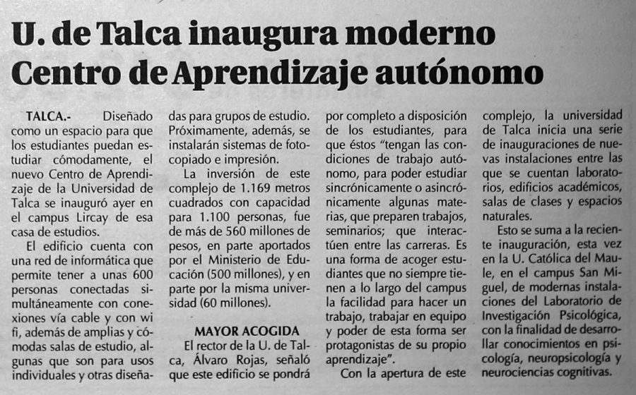 14 de julio en Diario El Centro: “U. de Talca inaugura moderno Centro de Aprendizaje autónomo”