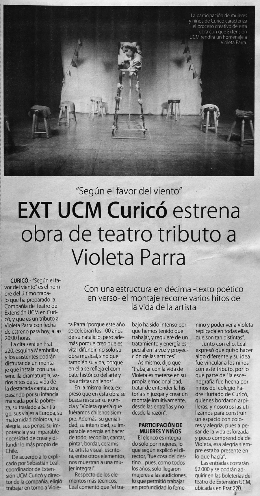 14 de septiembre en Diario El Centro: “EXT UCM Curicó estrena obra de teatro tributo a Violeta Parra”
