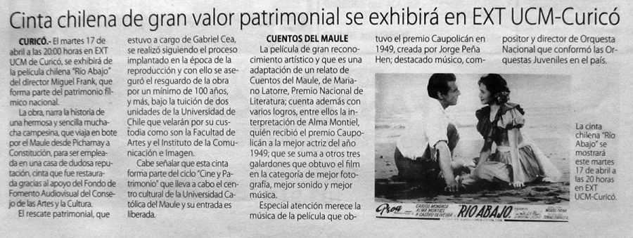 15 de abril en Diario El Centro: “Cinta chilena de gran valor patrimonial se exhibirá en EXT UCM-Curicó”