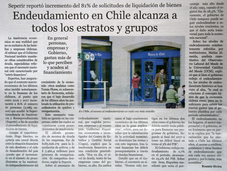 16 de enero en Diario El Centro: “Endeudamiento en Chile alcanza a todos los estratos y grupos”
