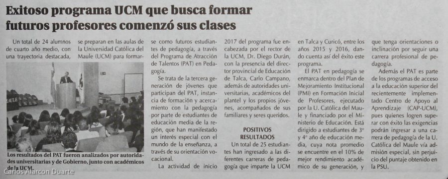 16 de abril en Diario El Centro: “Exitoso programa UCM que busca formar futuros profesores comenzó sus clases”