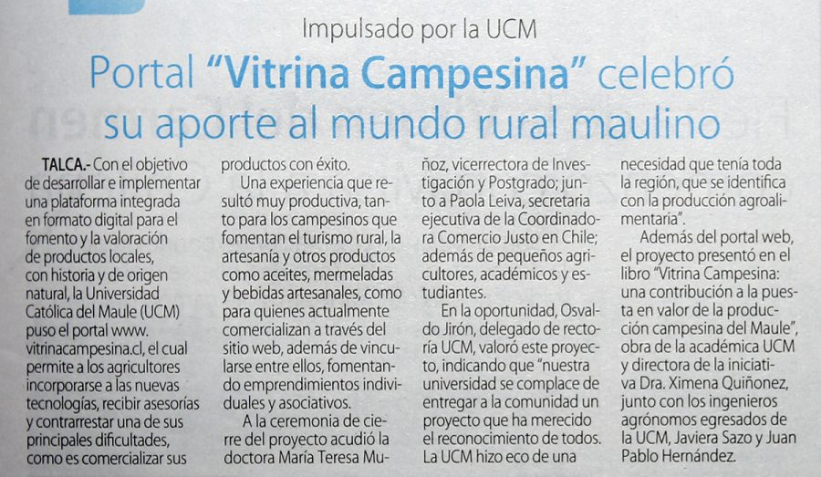 16 de julio en Diario El Centro: “Portal Vitrina Campesina celebró su aporte al mundo rural maulino”
