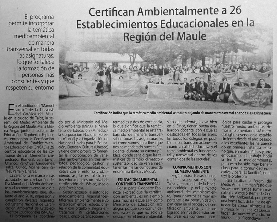 17 de junio en Diario El Centro: “Certifican Ambientalmente a 26 Establecimientos Educacionales en la Región del Maule”