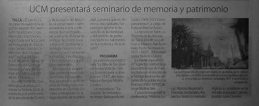 17 de junio en Diario El Centro: “UCM presentará seminario de memoria y patrimonio”