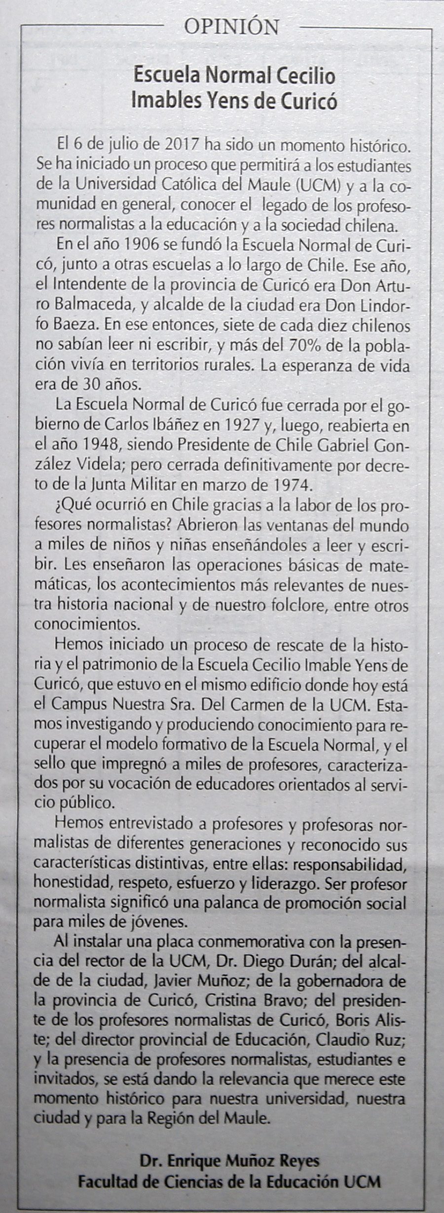 17 de julio en Diario El Centro: “Escuela Normal Cecilio Imables Yens de Curicó”