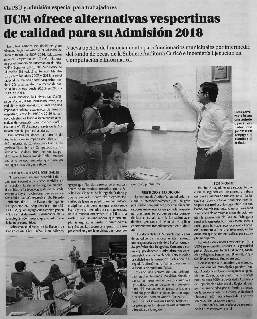 17 de diciembre en Diario El Centro: “UCM ofrece alternativas vespertinas de calidad para su Admisión 2018”