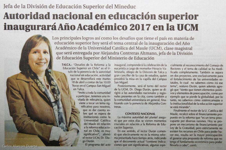 18 de abril en Diario El Centro: “Autoridad nacional en educación superior Inaugurará Año Académico 2017 en la UCM”