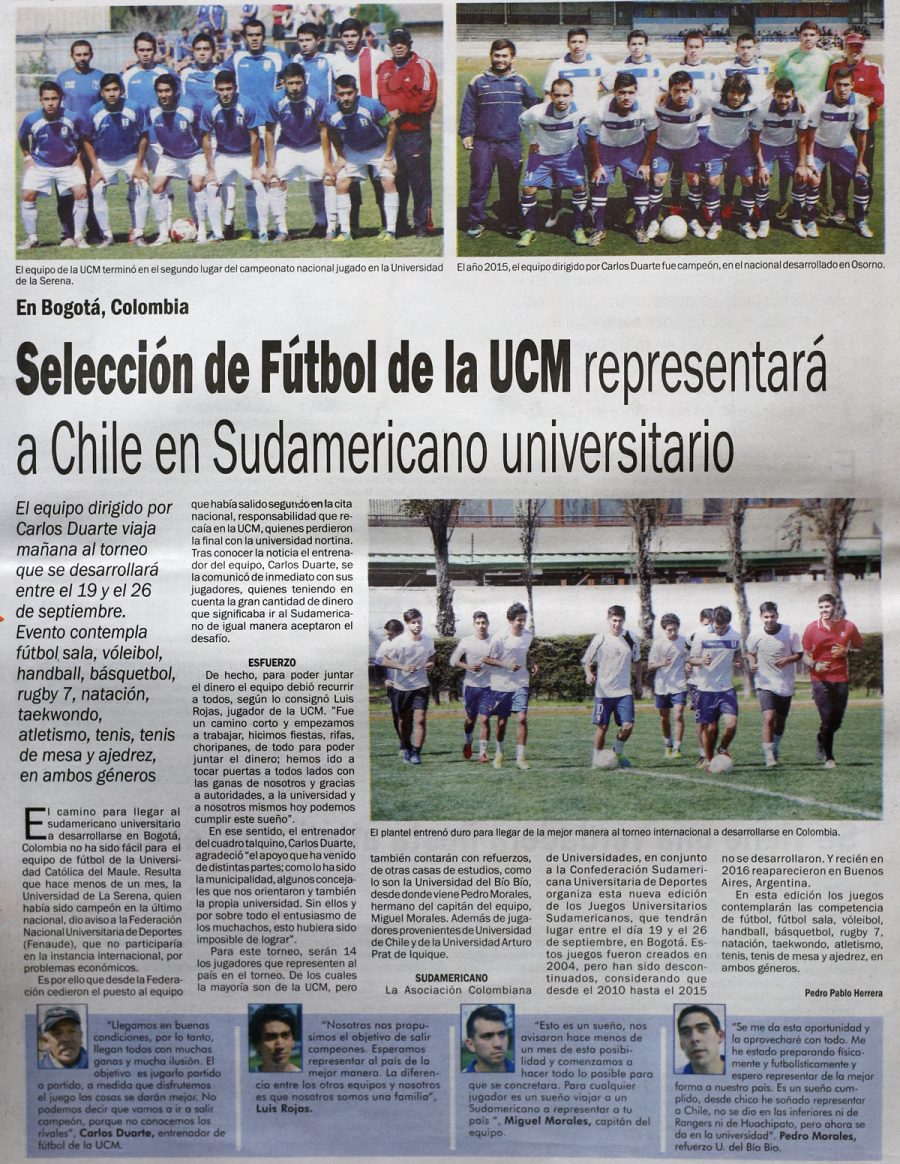 18 de septiembre en Diario El Centro: “Selección de Fútbol de la UCM representará a Chile en Sudamericano universitario”