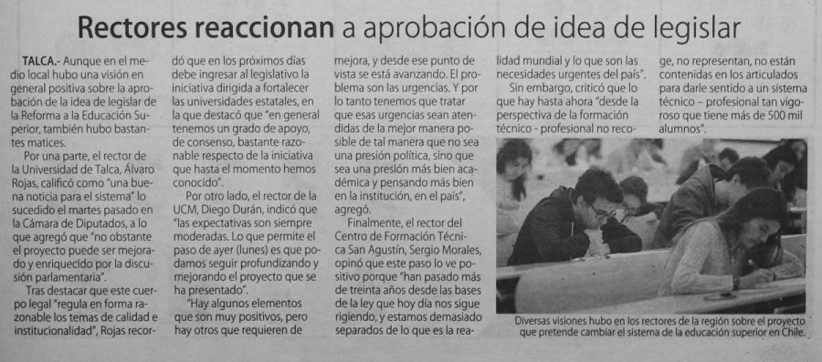 19 de abril en Diario El Centro: “Rectores reaccionan a aprobación de idea de legislar”