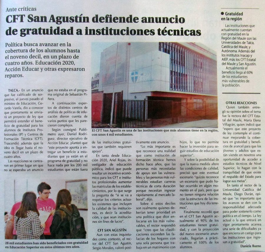 19 de abril en Diario El Centro: “CFT San Agustín defiende anuncio de gratuidad a instituciones técnicas”