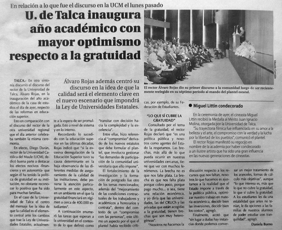 19 de abril en Diario El Centro: “U. de Talca inaugura año académico con mayor optimismo respecto a la gratuidad”