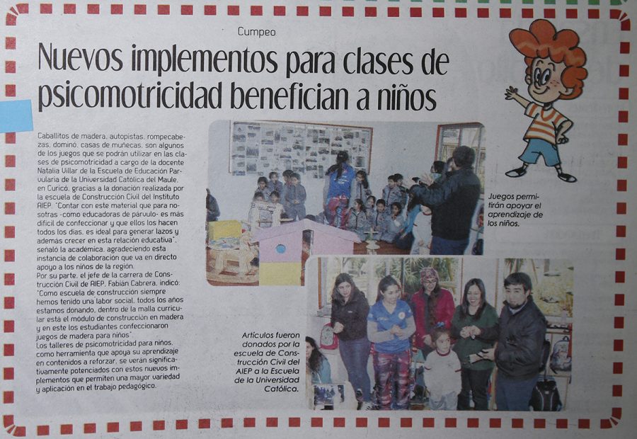 19 de julio en Diario El Centro: “Nuevos implementos para clases de psicomotricidad benefician a niños”