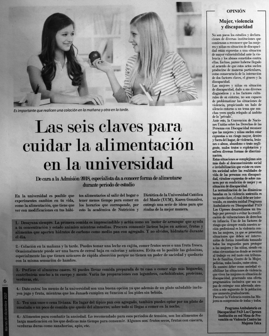 19 de diciembre en Diario El Centro: “Las seis claves para cuidar la alimentación en la universidad”