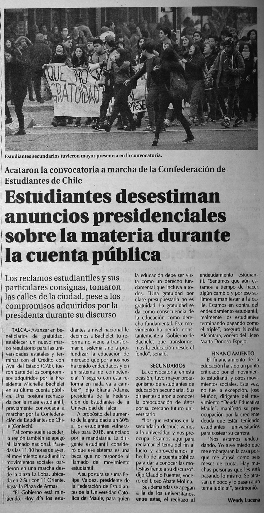 02 de junio en Diario El Centro: “Estudiantes desestiman anuncios presidenciales sobre la materia en cuenta pública”