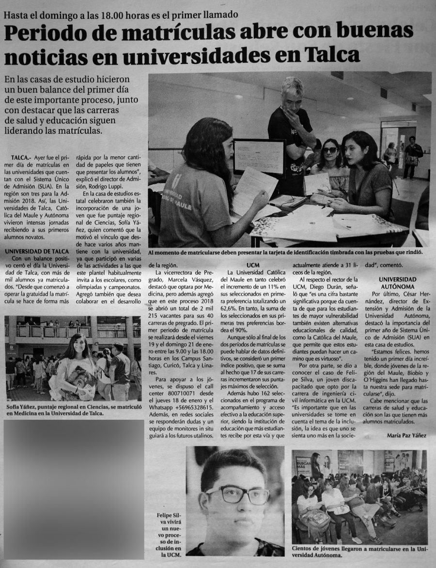 20 de enero en Diario El Centro: “Periodo de matrículas abre con buenas noticias en universidades en Talca”