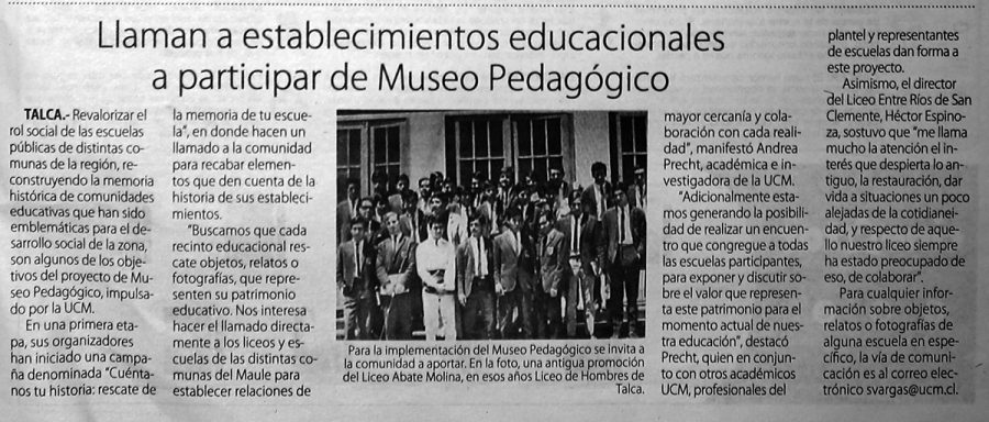 29 de julio en Diario El Centro: “Llaman a establecimientos educacionales a participar de Museo Pedagógico”