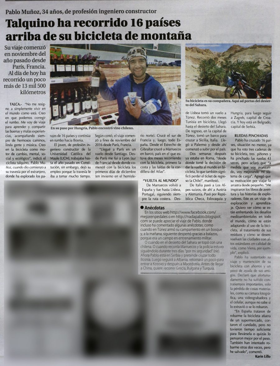 20 de septiembre en Diario El Centro: “Talquino ha recorrido 16 países arriba de su bicicleta de montaña”
