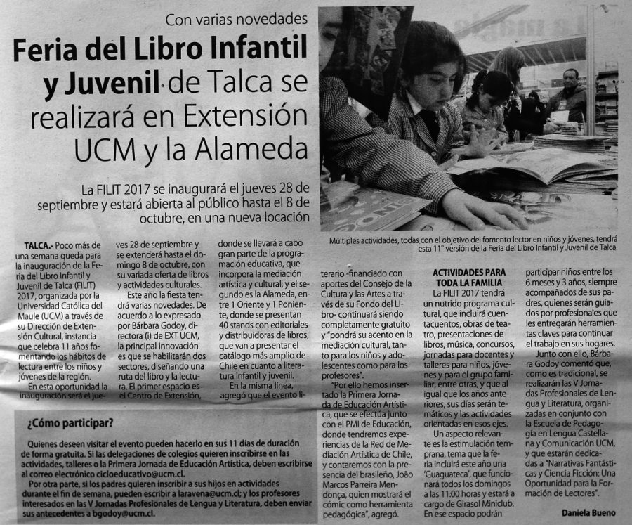 20 de septiembre en Diario El Centro: “Feria del Libro Infantil y Juvenil de Talca se realizará en Extensión UCM y la Alameda”