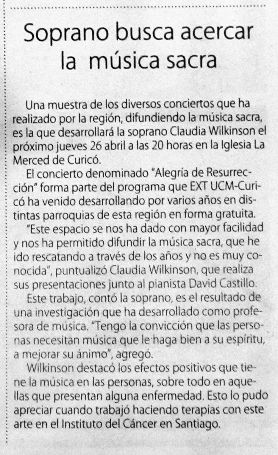 21 de abril en Diario El Centro: “Soprano busca acercar la música sacra”