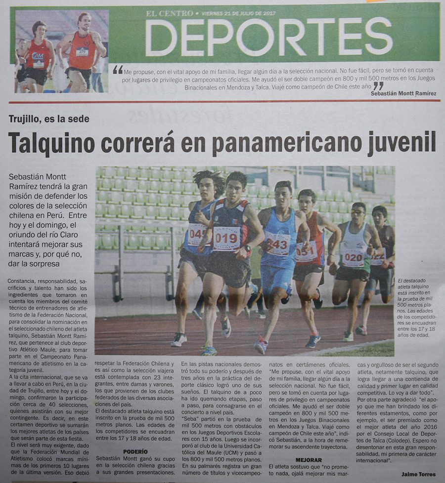 21 de julio en Diario La Prensa: “Talquino correrá en panamericano juvenil”