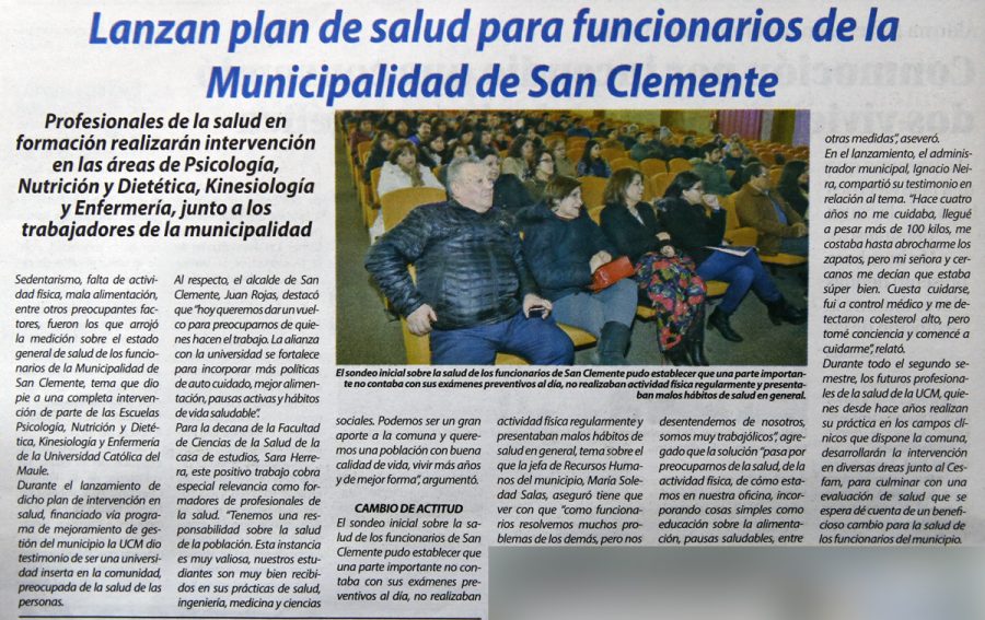 21 de agosto en Diario El Centro: “Lanzan plan de salud para funcionarios de la Municipalidad de San Clemente”