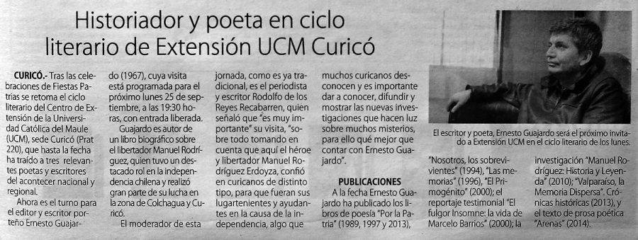 21 de septiembre en Diario El Centro: “Historiador y poeta en ciclo literario de Extensión UCM Curicó”