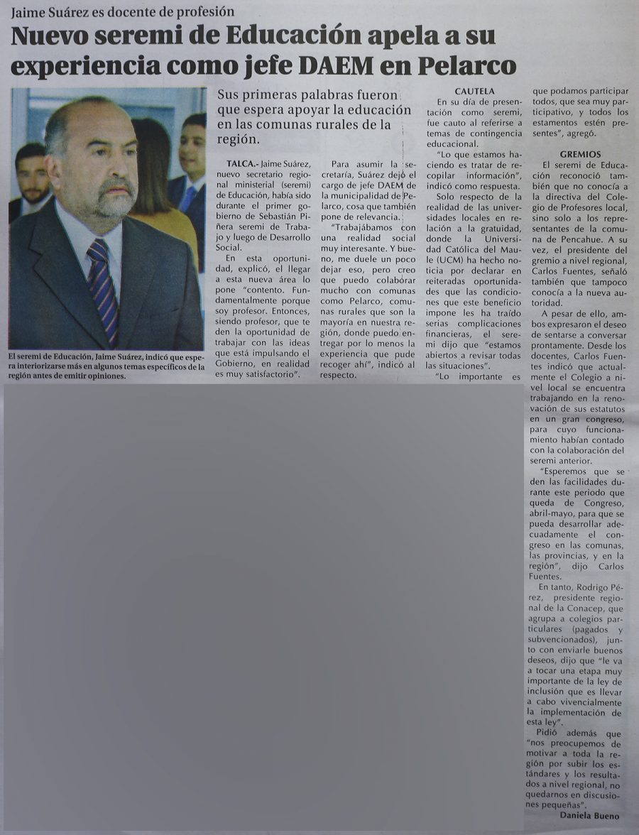 22 de marzo en Diario El Centro: “Nuevo seremi de Educación apela a su experiencia como jefe DAEM en Pelarco”