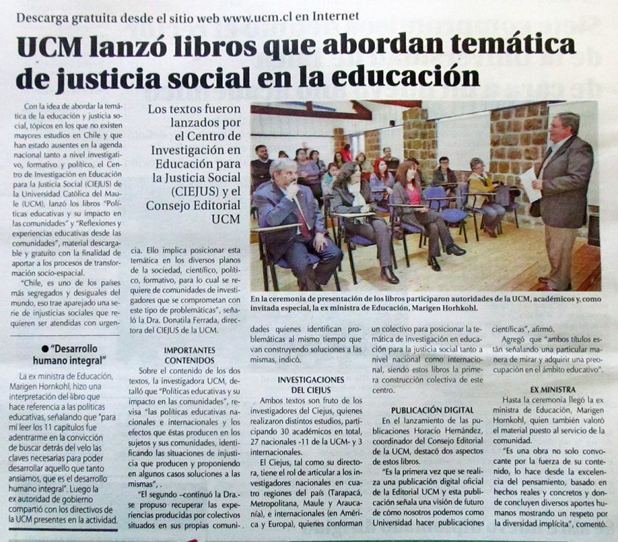 22 de abril en Diario El Centro: “UCM lanzó libros que abordan temática de justicia social en la educación”