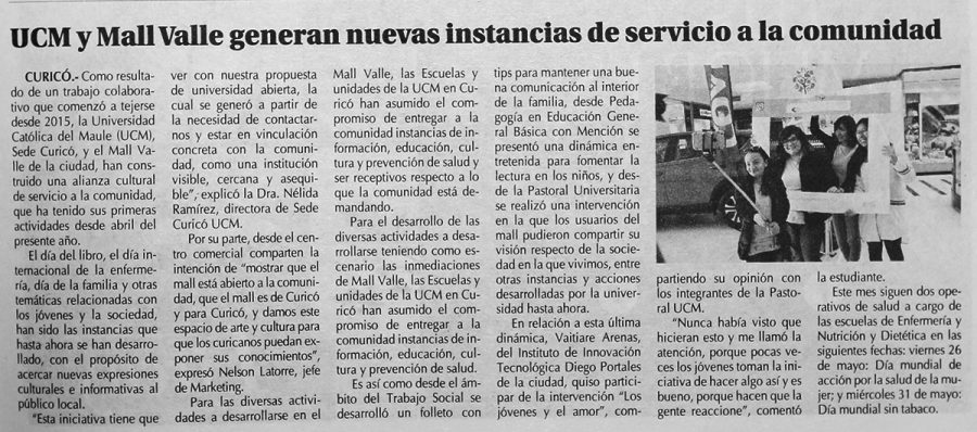 22 de mayo en Diario El Centro: “UCM y Mall Valle generan nuevas instancias de servicio a la comunidad”
