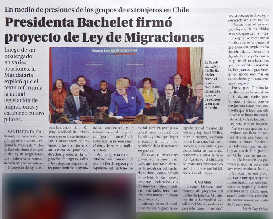 22 de agosto en Diario El Centro: “Presidenta Bachelet firmó proyecto de Ley de Migraciones”