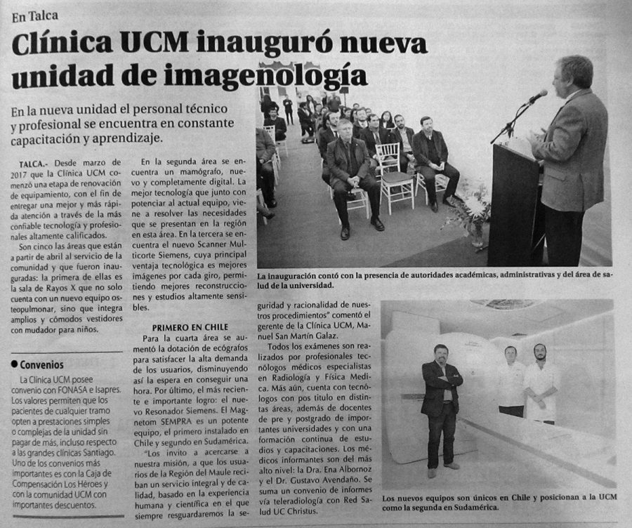 23 de abril en Diario El Centro: “Clínica UCM inauguró nueva unidad de imagenología”
