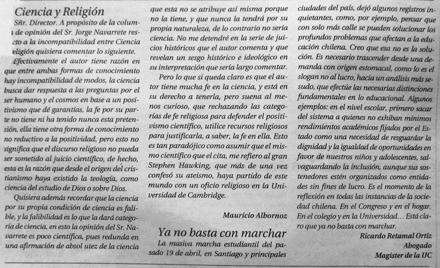 23 de abril en Diario El Centro: “Ciencias y la Religión”