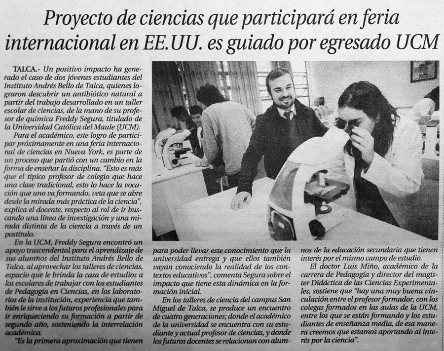23 de mayo en Diario El Centro: “Proyecto de ciencias que participará en feria internacional en EE.UU. es guiado por egresado UCM”