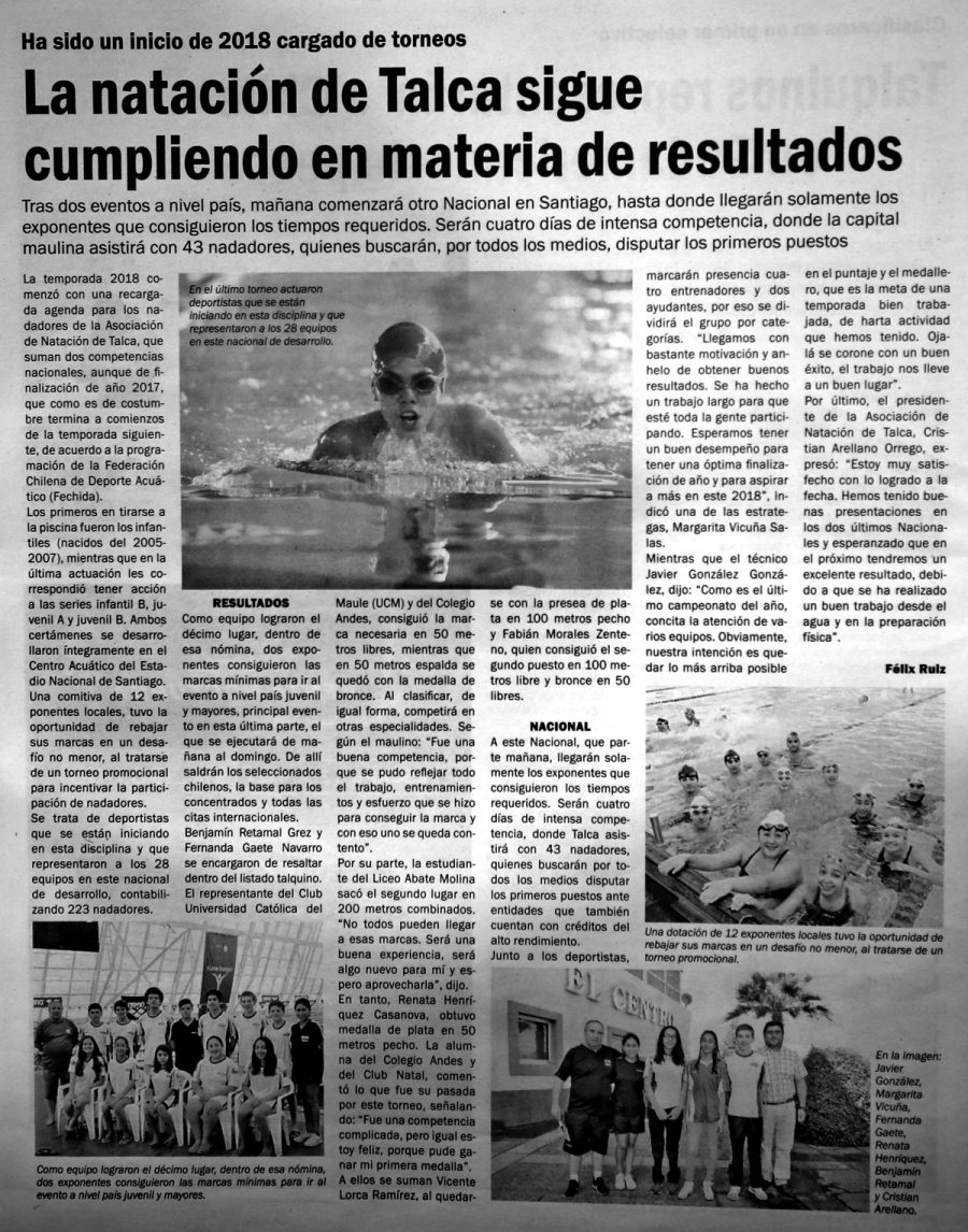 24 de enero en Diario El Centro: “La natación de Talca sigue cumpliendo en materia de resultados”