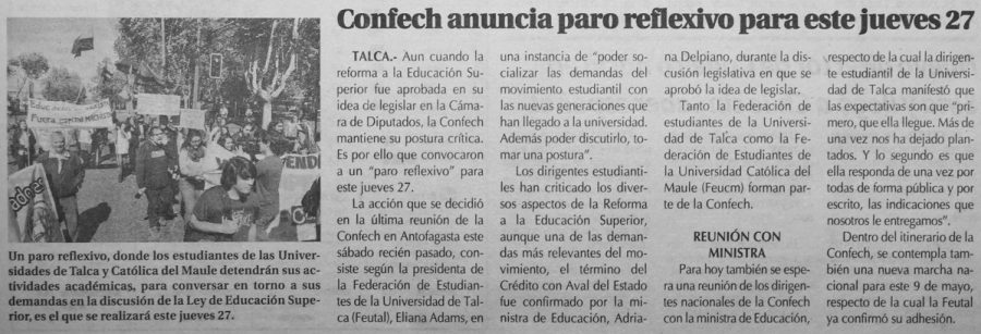 24 de abril en Diario El Centro: “Confech anuncia paro reflexivo para este jueves 27”