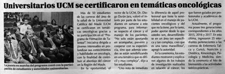 24 de septiembre en Diario El Centro: “Universitarios UCM se certifican en temáticas oncológicas”