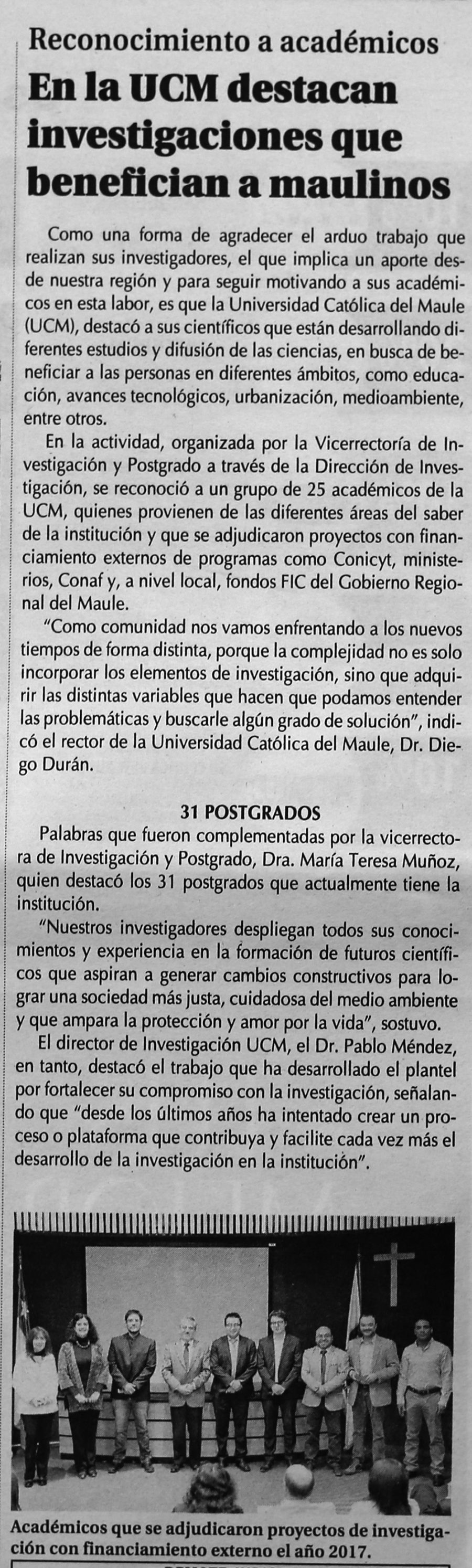 25 de marzo en Diario El Centro: “En la UCM destacan investigaciones que benefician a maulinos”