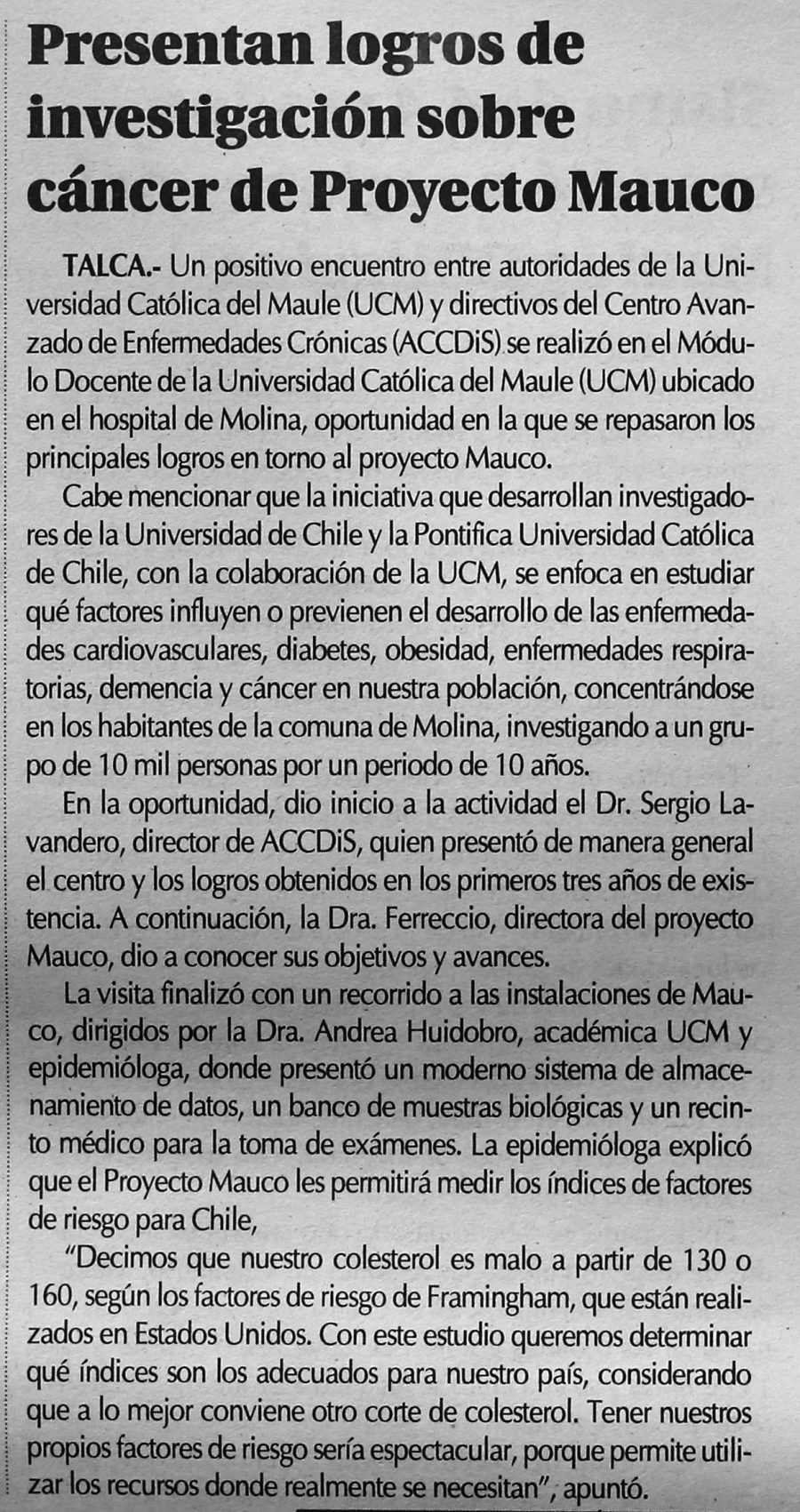 25 de septiembre en Diario El Centro: “Presentan logros de investigación sobre cáncer de Proyecto Mauco”